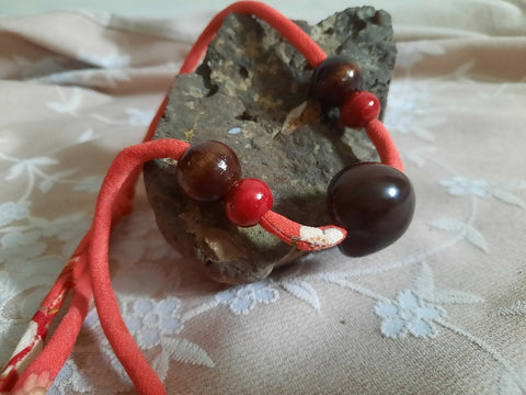 Hawaiian Kukui Nut Necklace on Japanese Kimono Fabric Cord