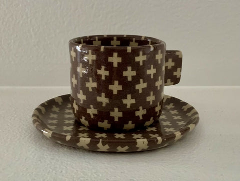 Handmade Nerikomi Mug and Saucer, Brown and Cream Geometric Ceramic Cup, One-of-a-Kind Pottery