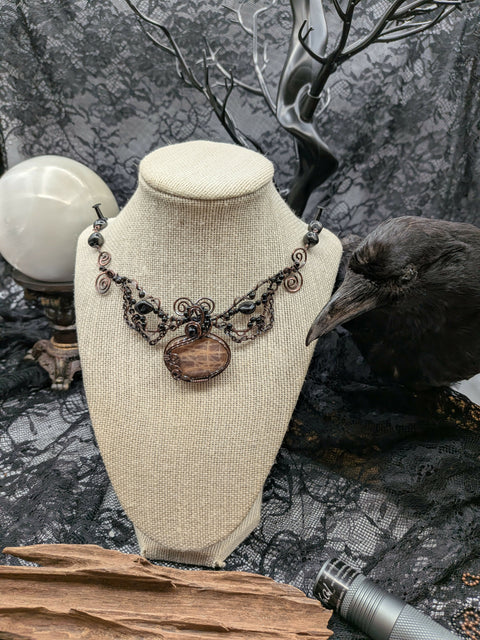 Black Moonstone with Shungite and Obsidian Collar Solid Copper Wire Wrap Collar Pendant Necklace Jewellery Boho