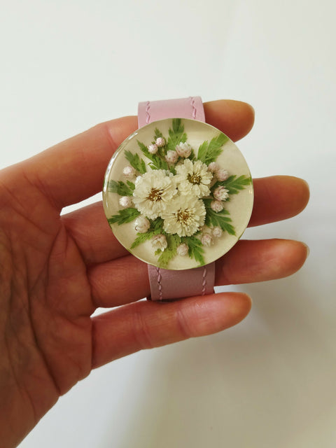 Handmade Resin Bracelet with Real Flowers | Adjustable Leather Strap | Floral Jewellery