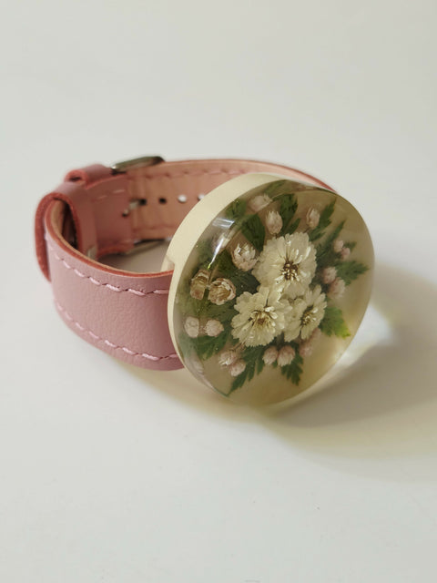 Handmade Resin Bracelet with Real Flowers | Adjustable Leather Strap | Floral Jewellery
