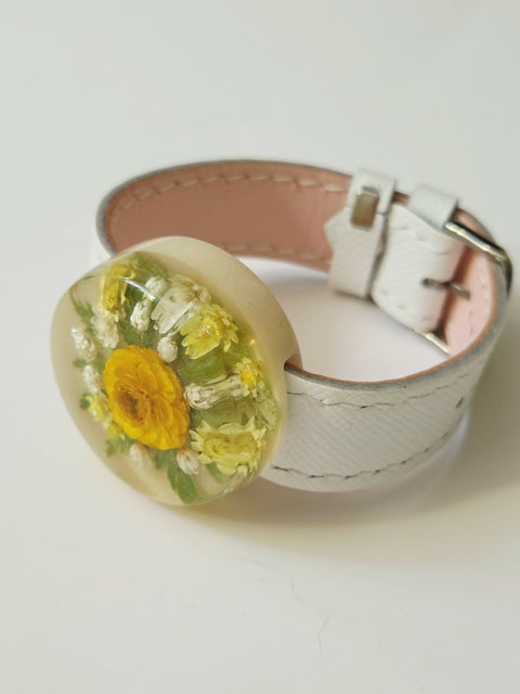 Handmade Resin Bracelet with Real Flowers | Adjustable Leather Strap | Floral Jewellery