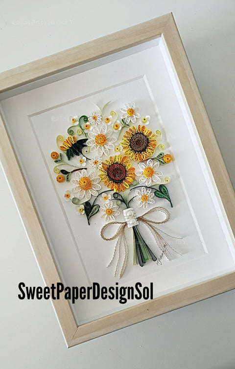 Paper Quilling Art by Hyunah Yi/Daisy and sunflowers bouquet/Wedding /Birthday/Anniversary/Botanical flower art frame