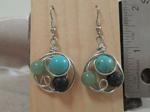 Natural gemstones wire wrapped earring surgical steel hooks