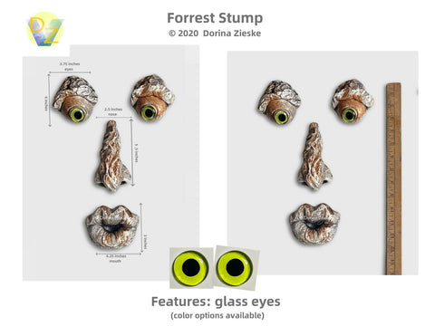 A whimsical style tree face, garden sculpture ornament attached to a tree. It gives the look like the tree has a face. It has bark like color and slightly textured. It is 12.5 x 9.5 inches installed on a tree. It has glass eyes inserted.