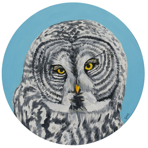 Georgette Swenson-Round Owl oil on circular wood 8 inches