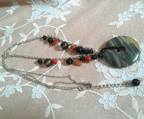 Banded Agate Pendant Necklace with assorted beads on chain