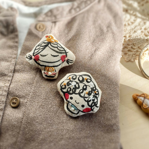 Hand drawn & Embroidery Mushroom Girl Brooches