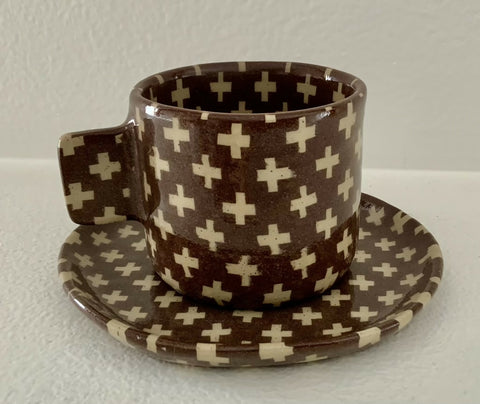 Handmade Nerikomi Mug and Saucer, Brown and Cream Geometric Ceramic Cup, One-of-a-Kind Pottery