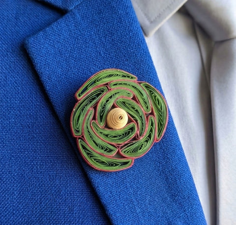 Handcrafted Paper Quilled Rose Lapel Pin - Bright Green & Red Floral Brooch with Yellow Center - Sealed Wearable Paper Art