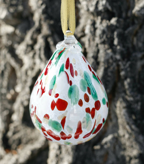Hand-blown Tear Drop Shaped Glass Ornament in Snowy Christmas