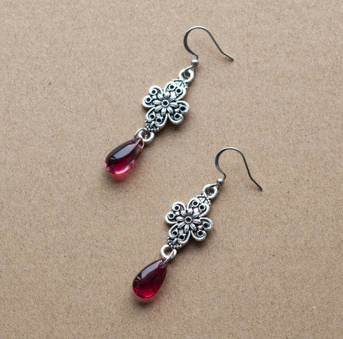 Filigree Earrings with Dark Red Crystals