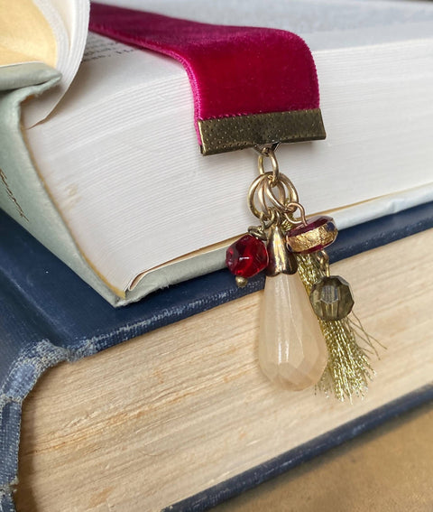 Cherry Red Ribbon Bookmark with Glam Gold, Leopard Charms