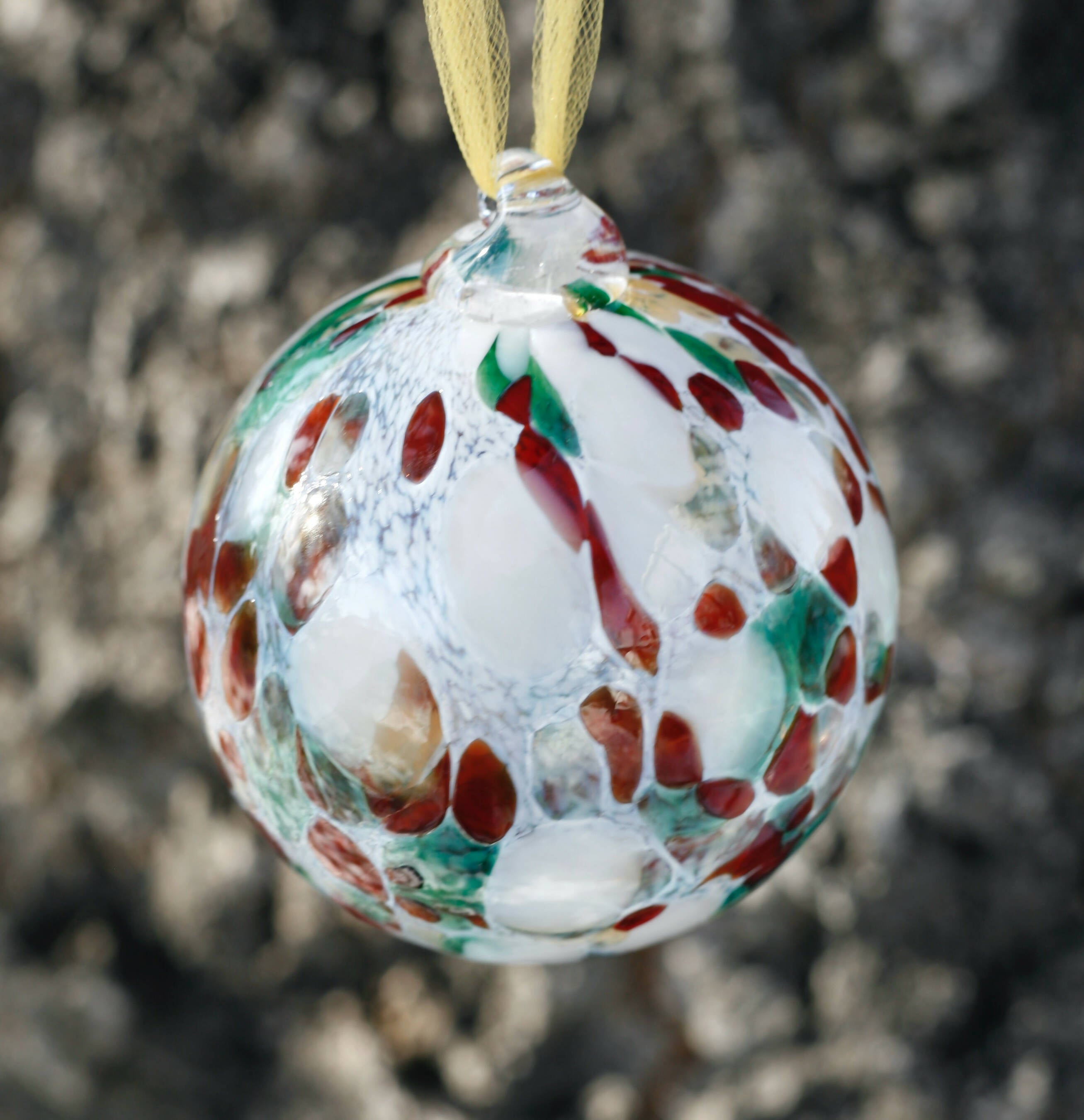 Crisscross Design, Multi-colored, Christmas Ball Ornament, Handblown Glass,  14 K Gold Trim -  Canada