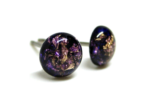 Dark Violet Purple Gold Flake Titanium Stud Earrings