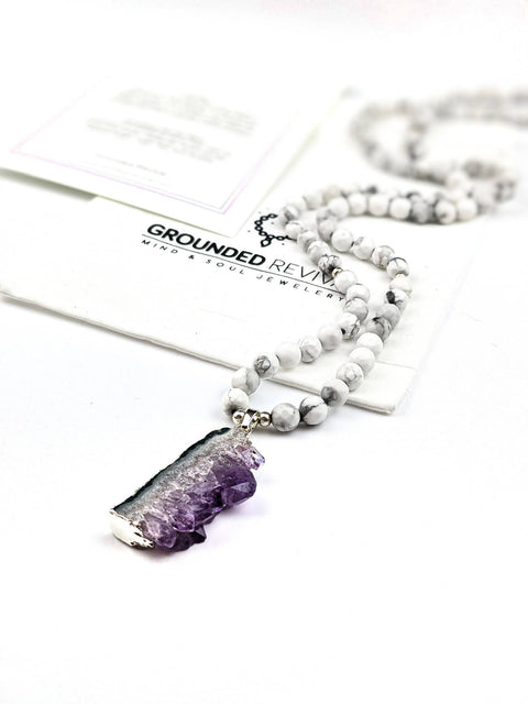 Pure Calm Tasbih | Howlite Gemstone Beads with Silver Plated Amethyst Geode Pendant | Free Shipping
