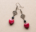 Red Heart earrings with Antique Bronze filigree