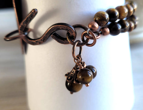 Emboss /Patina Copper Bracelet with Tiger Eyes gems / Boho bracelet /OOAK