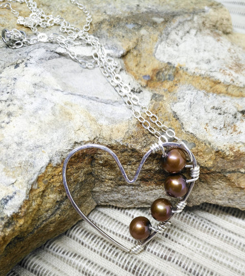 Sterling silver and Genuine freshwater pearl pendant, heart shape sterling silver pendant