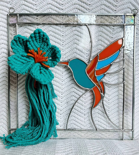 Stained Glass Hummingbird with Flower