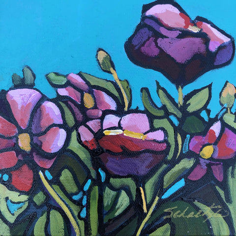 Spring Flowers, 6x6 original art, wide canvas sits on a self or can be hung
