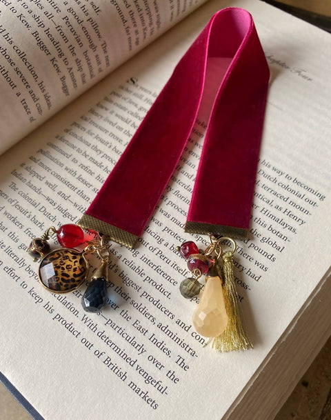 Cherry Red Ribbon Bookmark with Glam Gold, Leopard Charms