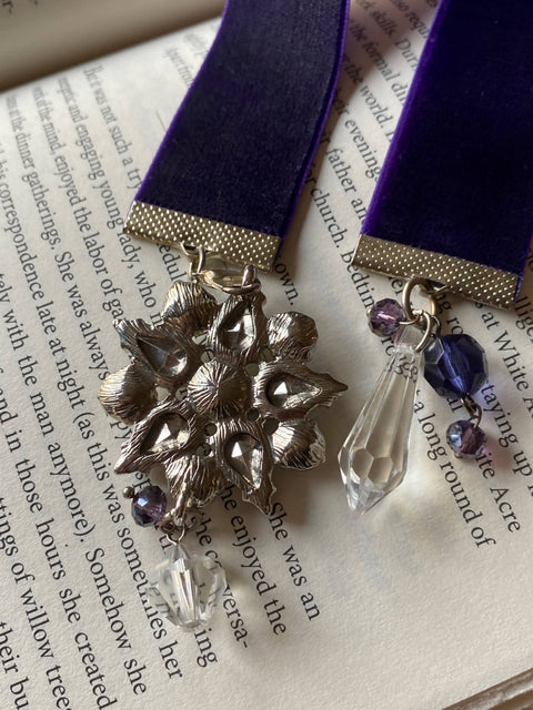 Dark Purple Ribbon Bookmark with Crystal Medallion Charm
