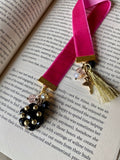 Fuscia Pink Ribbon Bookmark with Vintage Black/Gold Bead Charm
