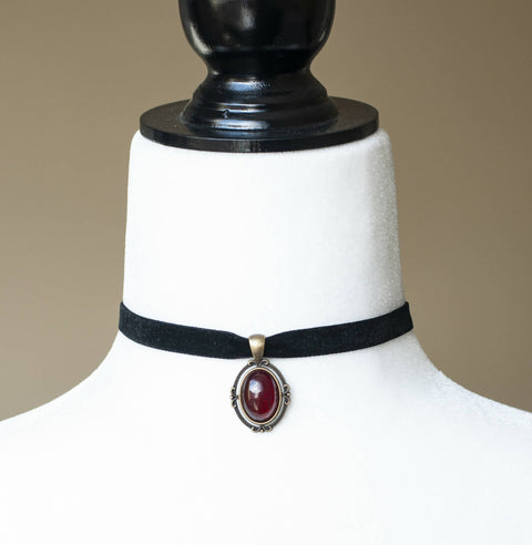 Black Velvet Choker with Dark Red pendant