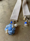 Grey Ribbon Bookmark with Vintage Blue Glass Bead, Key Charm