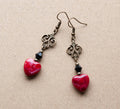 Red Heart earrings with Antique Bronze filigree