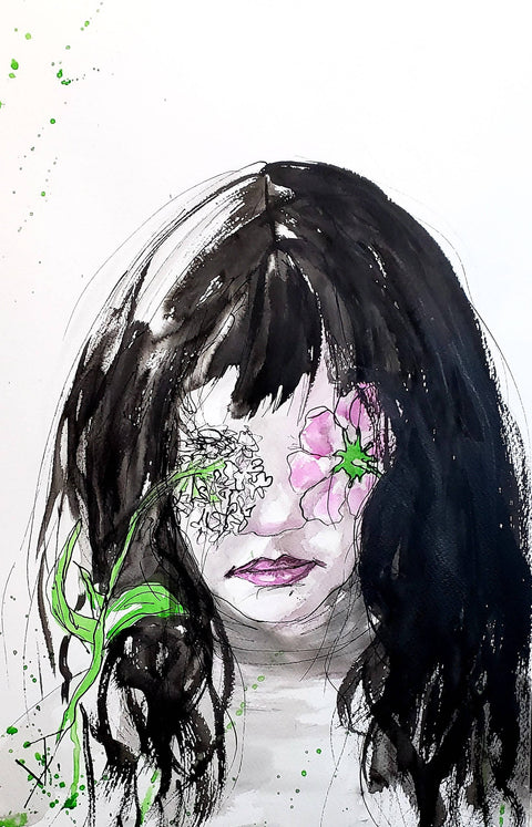 "I See Flowers", original ink painting