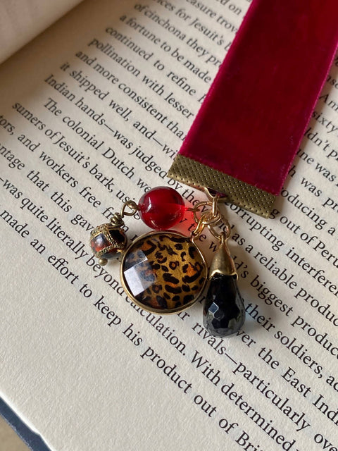 Cherry Red Ribbon Bookmark with Glam Gold, Leopard Charms