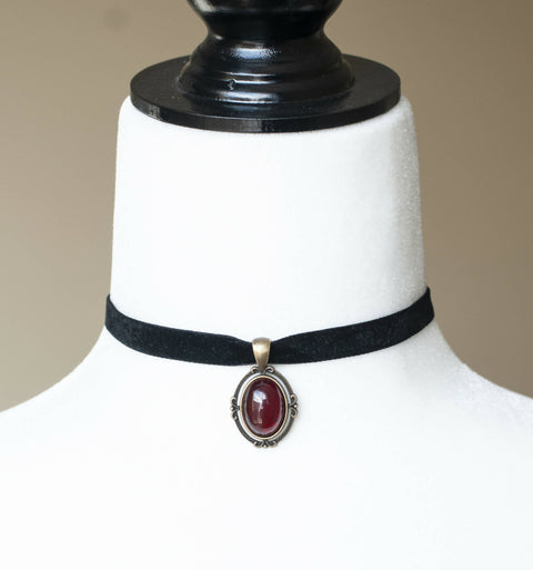Black Velvet Choker with Dark Red pendant