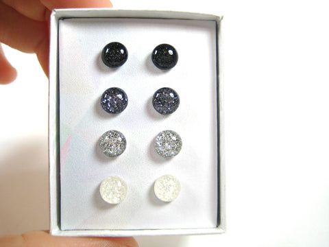 Monochrome Glitter Titanium Stud Earring Set - 4 Pairs