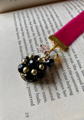 Fuscia Pink Ribbon Bookmark with Vintage Black/Gold Bead Charm