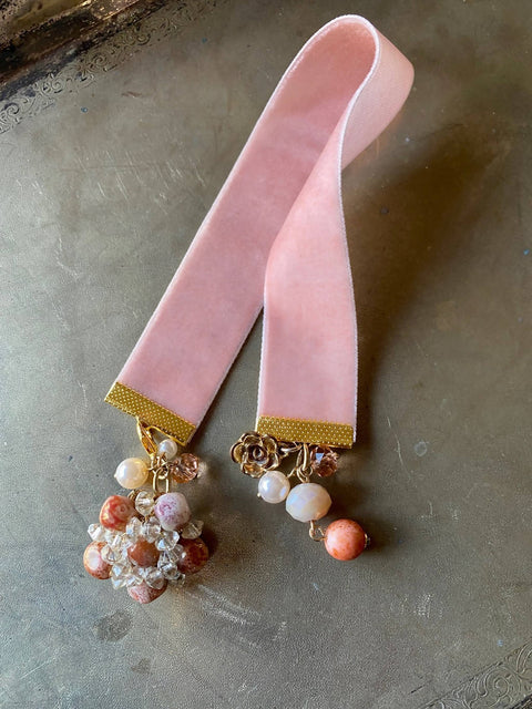 Light Pink Ribbon Bookmark with Vintage Crystal Stone Charm