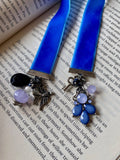 Blue Ribbon Bookmark with Crystal, Bird, Key Charms