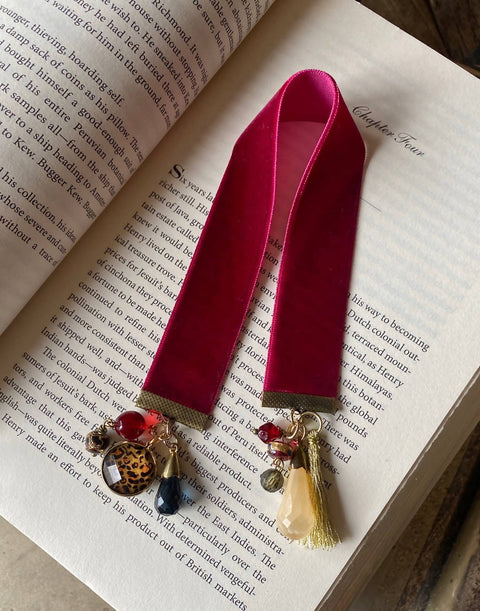 Cherry Red Ribbon Bookmark with Glam Gold, Leopard Charms