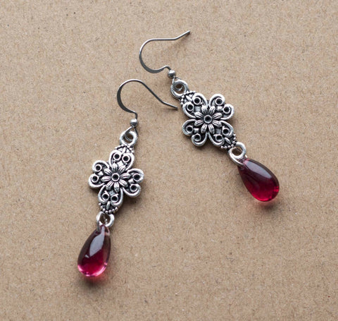 Filigree Earrings with Dark Red Crystals